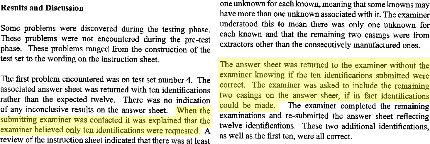 Paper screenshot from Lyons (2009) indicating that some examiners got a do-over