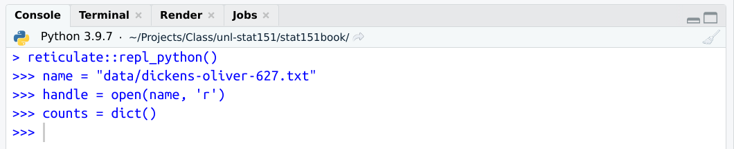 In the console, the first 3 lines of the program have run. Note that we are still in python mode - the >>> indicates that the python interpreter is waiting for additional instructions.