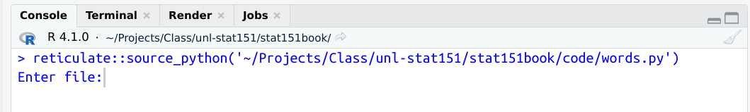 RStudio screenshot of console window after Source Script button is clicked. Python asks you to enter the file of words to count.