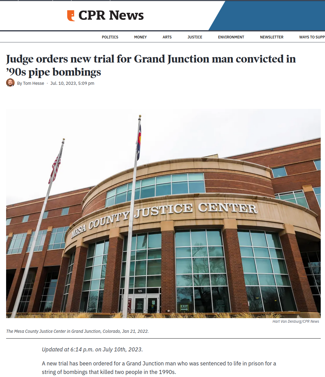 A Colorado Public Media story by Tom Hesse from July 10, 2023, titled 'Judge orders new trial for Grand Junction man convicted in '90s pipe bombings'. A picture of the Mesa County Justice Center is shown below the article title.