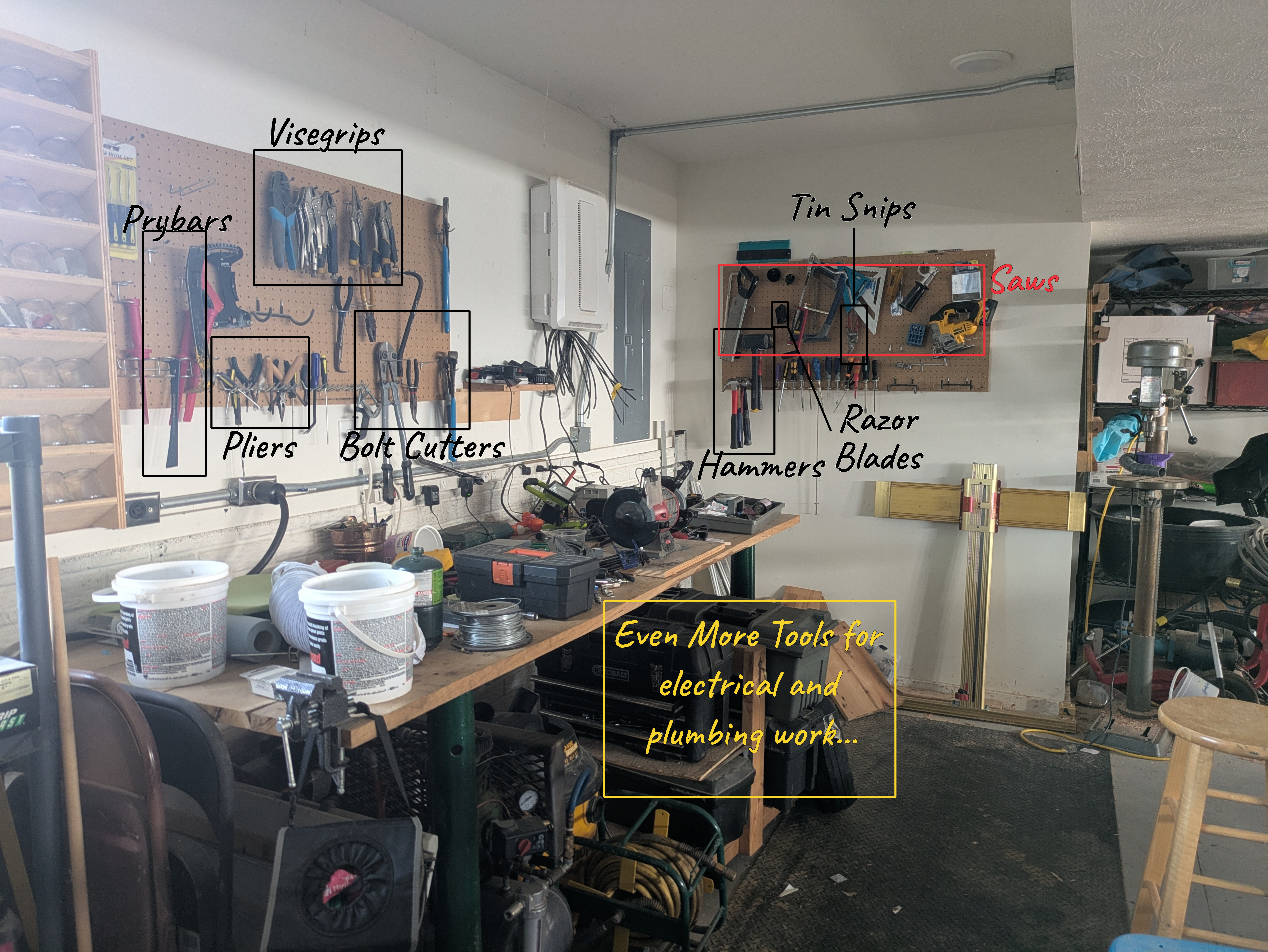 An annotated picture of a messy garage, showing all of the tools which could conceivably make striated toolmarks, including visegrips, pliers, bolt cutters, pry bars, electrical tools, razor blades, hammers, tin snips, saws, and more.