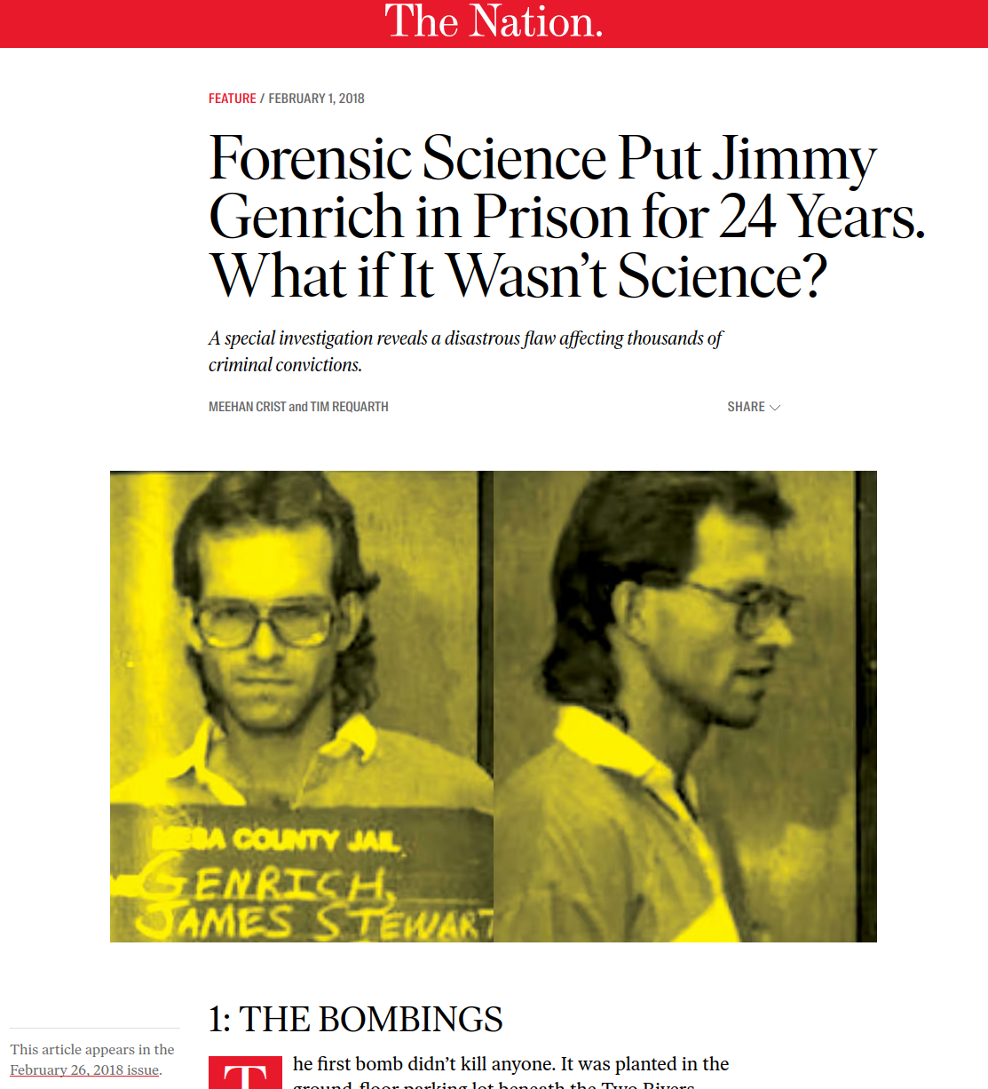 A screenshot of an article by Meehan Crist and Tim Requarth from The Nation (Feb 26, 2018 issue). The title reads 'Forensic Science Put Jimmy Genrich in Prison for 24 Years. What if It Wasn’t Science?'. A mugshot is shown below the article title.