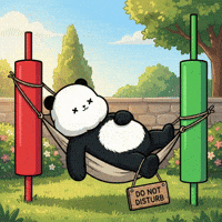 A panda, lying in a hammock, with a sign that says do not disturb hanging from its foot