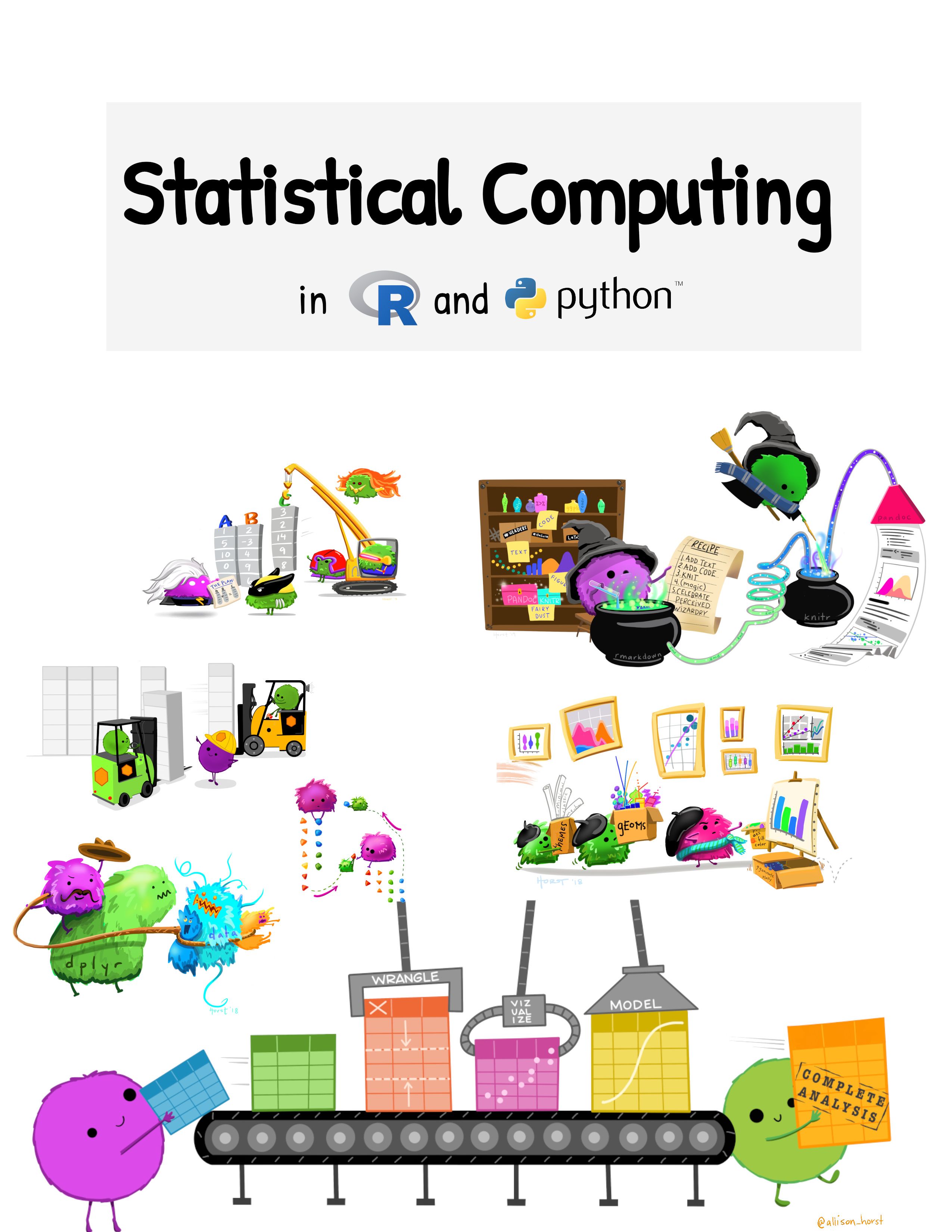 Cover image for Statistical Computing using R and Python. Shows little fuzzball 'monsters' completing data-related tasks such as rearranging data frames, brewing complete documents using markdown, and assembling data analyses by arranging, wrangling, visualizing, and modeling data. Images assembled from a collection of drawings by Allison Horst; used with permission.