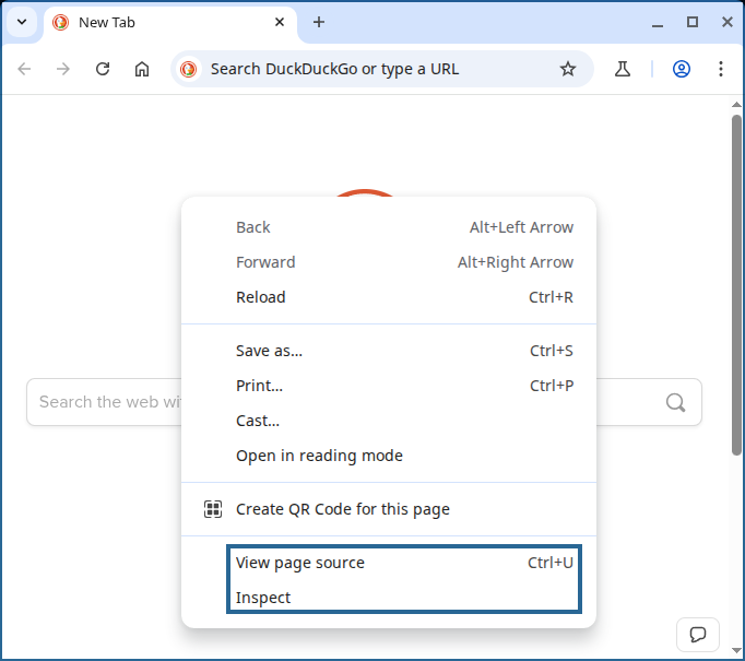 A screenshot of https://duckduckgo.com in chromium, where the user has right-clicked on the page. The options 'View Page Source' and 'Inspect' are located at the bottom of the pop-up menu and are highlighted.