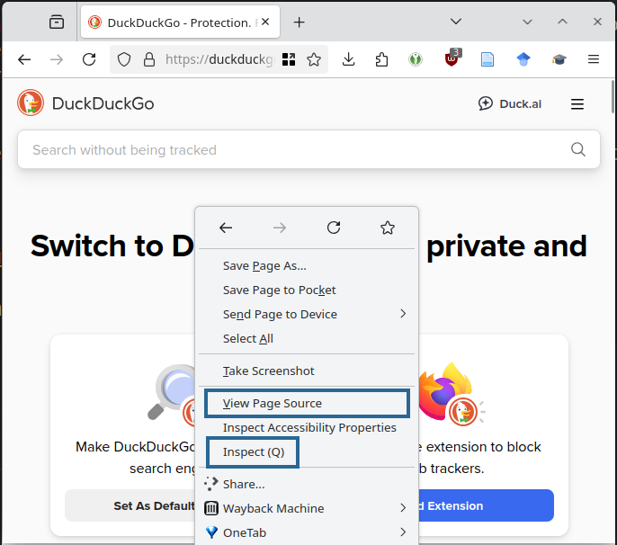 A screenshot of https://duckduckgo.com in Firefox, where the user has right-clicked on the page. The options 'View Page Source' and 'Inspect' are located towards the bottom of the pop-up menu and are highlighted.