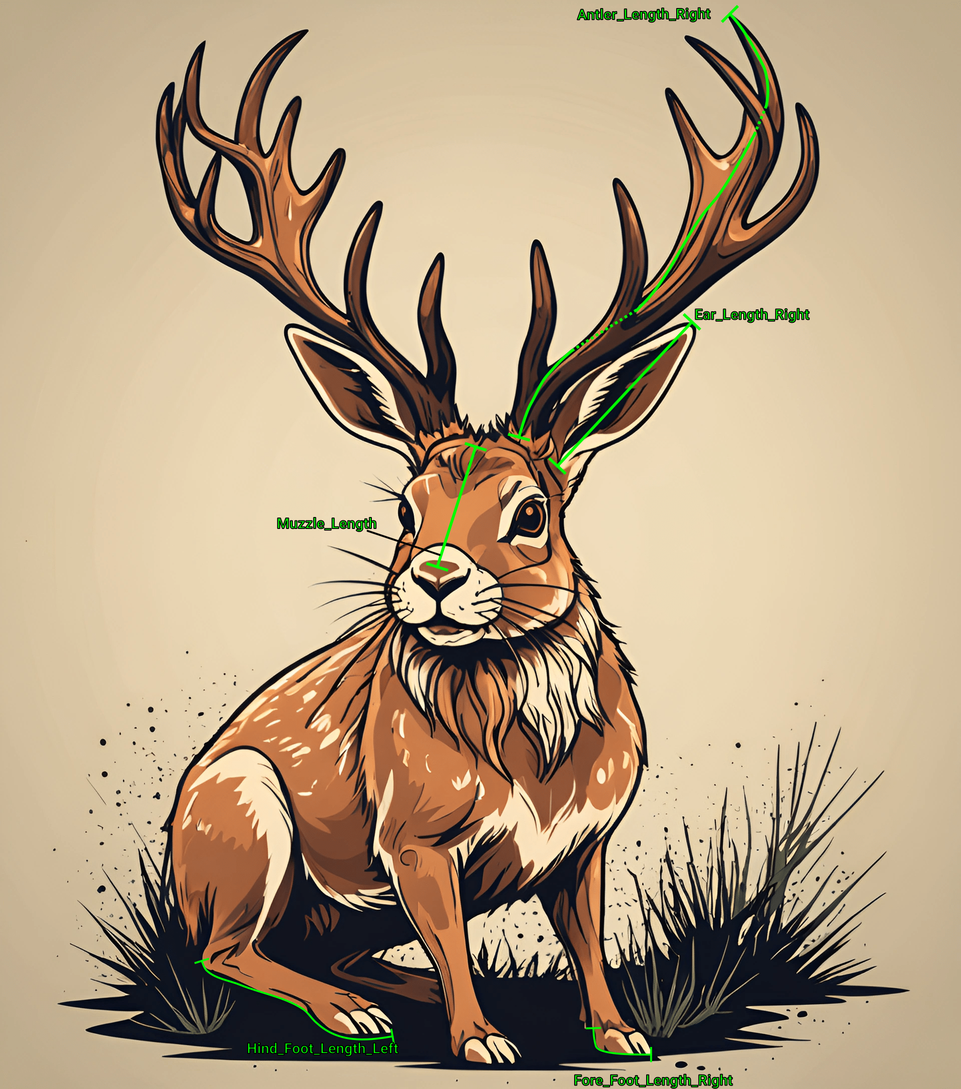 An image of a cartoon jackalope, with measurements marked out along the antlers, ear, muzzle, and front and back legs.