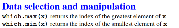 An image which has the heading 'Data selection and manipulation', and below that has the text 'which.max(x) returns the index of the greatest element of x' and 'which.min(x) returns the index of the smallest element of x'.