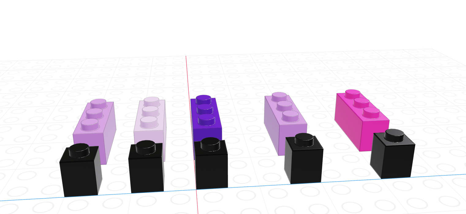 a pink/purple hued set of 1x3 bricks representing a vector and a corresponding set of 1x1 black bricks representing the logical index vector of the same length. The grey bricks (and corresponding values of the previous vector) have been removed (filtered out).