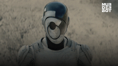 A gif from the AppleTV show Murderbot, showing a robot who says 'I watched 7532 hours of content'