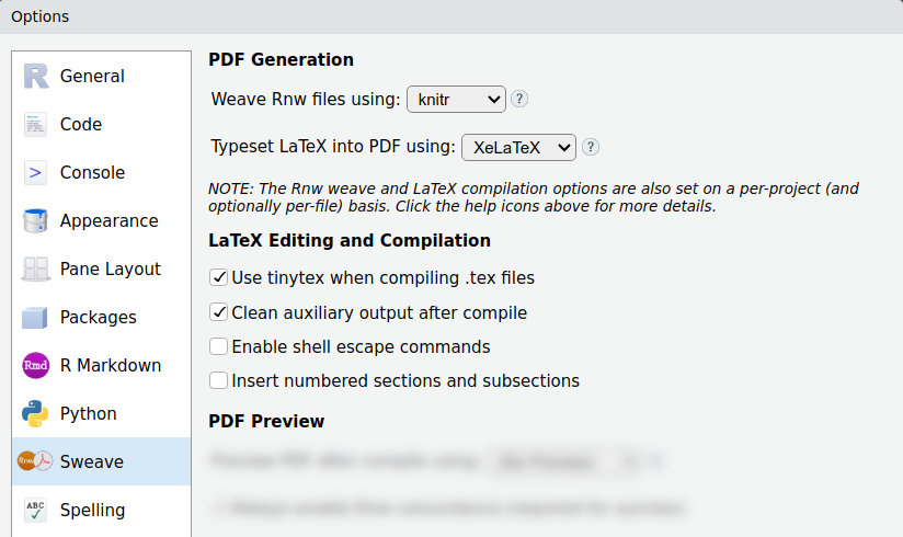 The RStudio configuration pane for Sweave. The PDF generation options are as follows: Weave Rnw files using `knitr`, Typeset LaTeX into PDF using `XeLaTeX` (for font compatibility and modern rendering). The LaTeX editing and compilation options are a set of checkboxes; the two checked options are use tinytex when compiling .tex files, and Clean auxiliary output after compile. The PDF preview options can be set as you desire and are highly operating-system dependent.