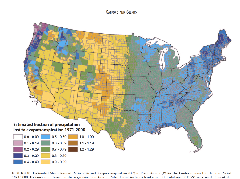 The image is a detailed map of the contiguous United States highlighting the estimated fraction of precipitation lost to evapotranspiration from 1971 to 2000. The map is divided into multicolored geographic blocks representing different evapotranspiration ratios. Colors range from purple, signifying a ratio of 0.0 to 0.09, to red, representing a ratio of 1.2 to 1.29. The western part of the country predominantly features warmer colors like yellow and orange, indicating higher evapotranspiration ratios, whereas the eastern part is depicted mostly in cooler colors such as blue and green, showing lower ratios. The map includes a legend on the bottom left, providing a key for understanding the color-coded ratios.