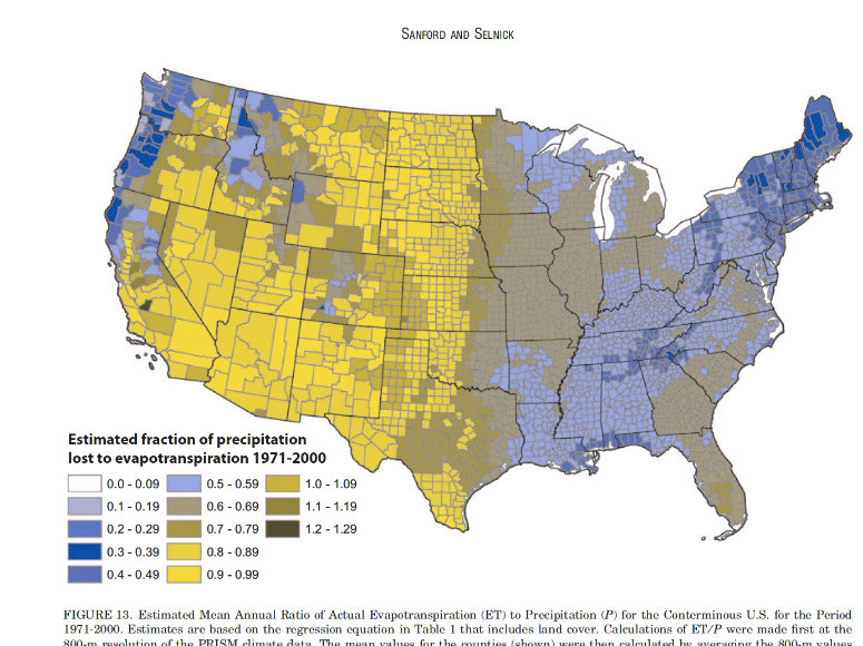 The image is a detailed map of the contiguous United States highlighting the estimated fraction of precipitation lost to evapotranspiration from 1971 to 2000. The map is divided into multicolored geographic blocks representing different evapotranspiration ratios. Colors range from purple, signifying a ratio of 0.0 to 0.09, to red, representing a ratio of 1.2 to 1.29. The western part of the country predominantly features warmer colors like yellow and orange, indicating higher evapotranspiration ratios, whereas the eastern part is depicted mostly in cooler colors such as blue and green, showing lower ratios. The map includes a legend on the bottom left, providing a key for understanding the color-coded ratios.