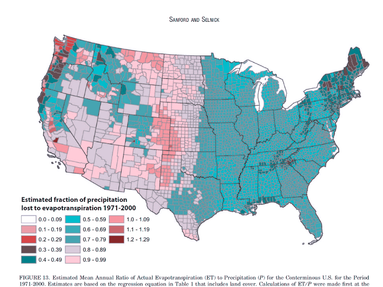 The image is a detailed map of the contiguous United States highlighting the estimated fraction of precipitation lost to evapotranspiration from 1971 to 2000. The map is divided into multicolored geographic blocks representing different evapotranspiration ratios. Colors range from purple, signifying a ratio of 0.0 to 0.09, to red, representing a ratio of 1.2 to 1.29. The western part of the country predominantly features warmer colors like yellow and orange, indicating higher evapotranspiration ratios, whereas the eastern part is depicted mostly in cooler colors such as blue and green, showing lower ratios. The map includes a legend on the bottom left, providing a key for understanding the color-coded ratios.