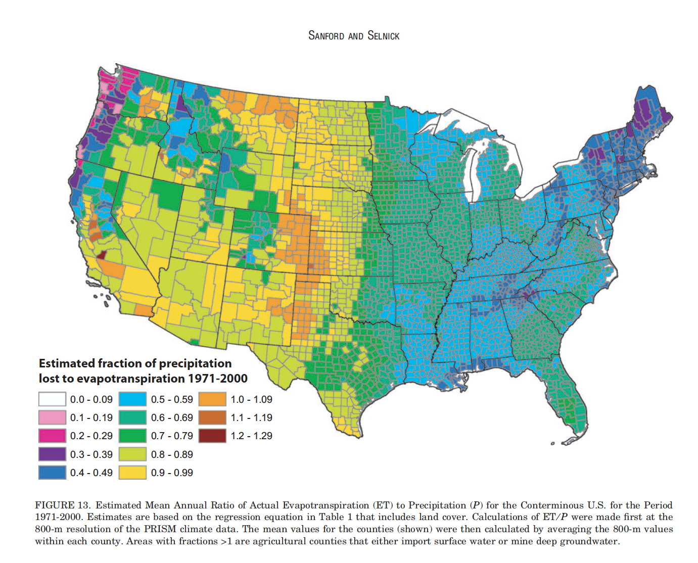 The image is a detailed map of the contiguous United States highlighting the estimated fraction of precipitation lost to evapotranspiration from 1971 to 2000. The map is divided into multicolored geographic blocks representing different evapotranspiration ratios. Colors range from purple, signifying a ratio of 0.0 to 0.09, to red, representing a ratio of 1.2 to 1.29. The western part of the country predominantly features warmer colors like yellow and orange, indicating higher evapotranspiration ratios, whereas the eastern part is depicted mostly in cooler colors such as blue and green, showing lower ratios. The map includes a legend on the bottom left, providing a key for understanding the color-coded ratios.