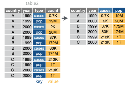 An illustration of the transition from long data to wide data. In the long data frame, there are alternating rows of cases and populations, with corresponding counts. In the wide data frame, for each combination of id variables country and year, there are two columns: cases, and pop, each with corresponding values. That is, the key variables (cases, pop) in the long data frame become columns in the wide data frame.