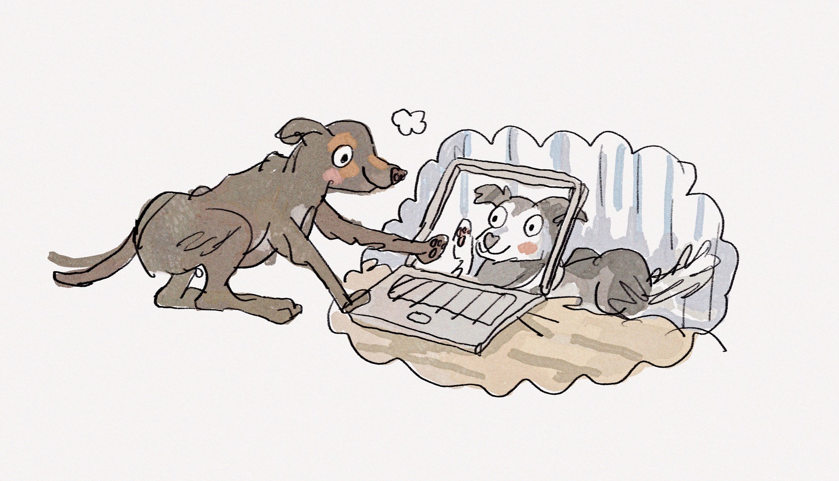 A watercolor painting of a dog imagining touching a different dog through a laptop screen. The dogs apparently see each other once a month and facetime once a week.